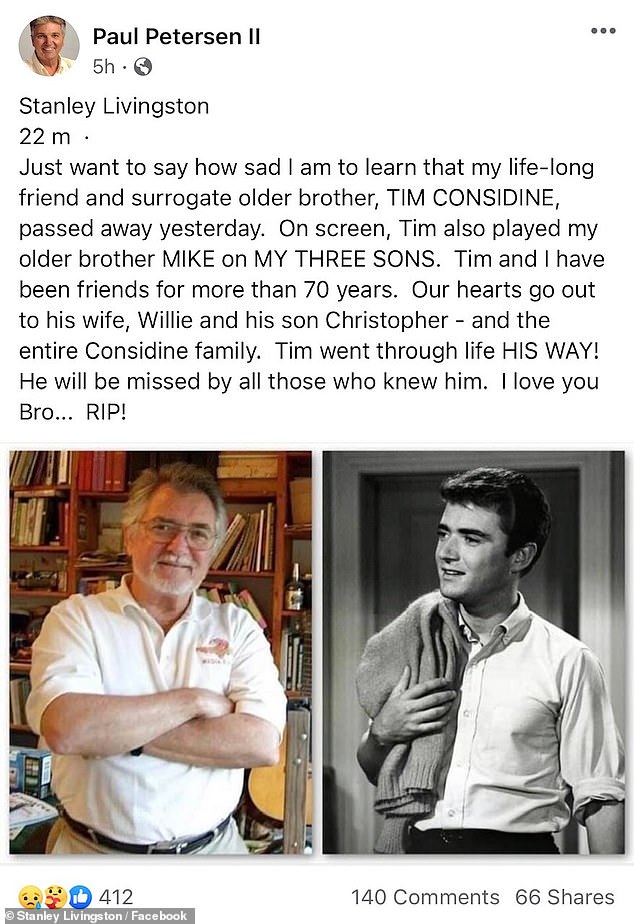 y „Three Sons“-Co-Star Stanley Livingston teilte einen Tag nach seinem Tod in den sozialen Medien eine berührende Hommage an Considine.