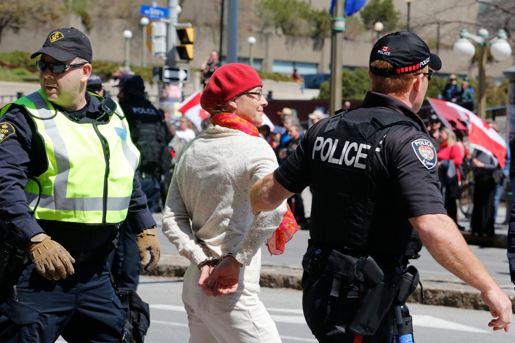 Die Polizei nimmt eine Person fest, die an der Demonstration teilgenommen hat.