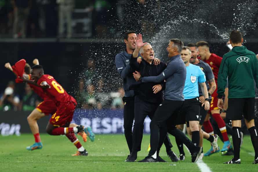 Roma manager Jose Mourinho celebrates after winning the Europa Conference League.