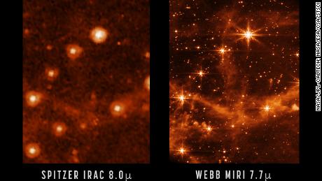 Vergleichen Sie die Schärfe und den Detaillierungsgrad, die vom Spitzer-Weltraumteleskop (links) und dem James-Webb-Weltraumteleskop (rechts) aufgenommen wurden.