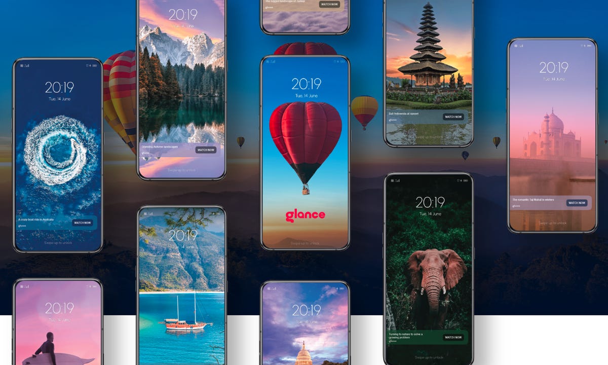 Screenshot der Glance-Website mit Sperrbildschirmen auf mehreren Telefonen