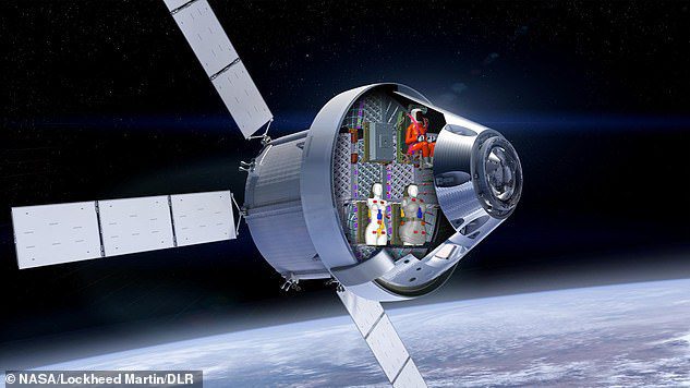 NASA-Ingenieure verwenden ein geeignetes Modell, das als „Commander Monekin Campus“ bekannt ist, um den Vibrationstest im Kennedy Space Center durchzuführen.  Es wird an Bord der Raumsonde Orion fliegen