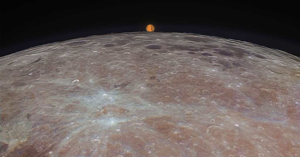 Ein Fotograf, der einen magischen Moment vom Mars festhält, taucht hinter dem Mond auf
