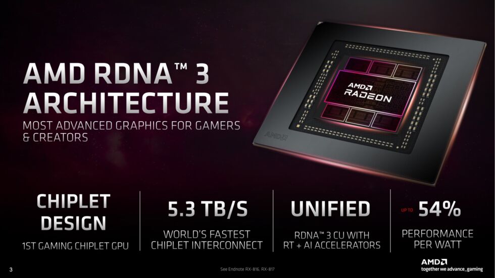 Das Chipsatz-Design von AMD ist in dieser Aufnahme zu sehen – ein großer Chip in der Mitte, der die meisten Rechenressourcen enthält, und sechs kleinere Chips, die den Cache und die Speichercontroller enthalten.